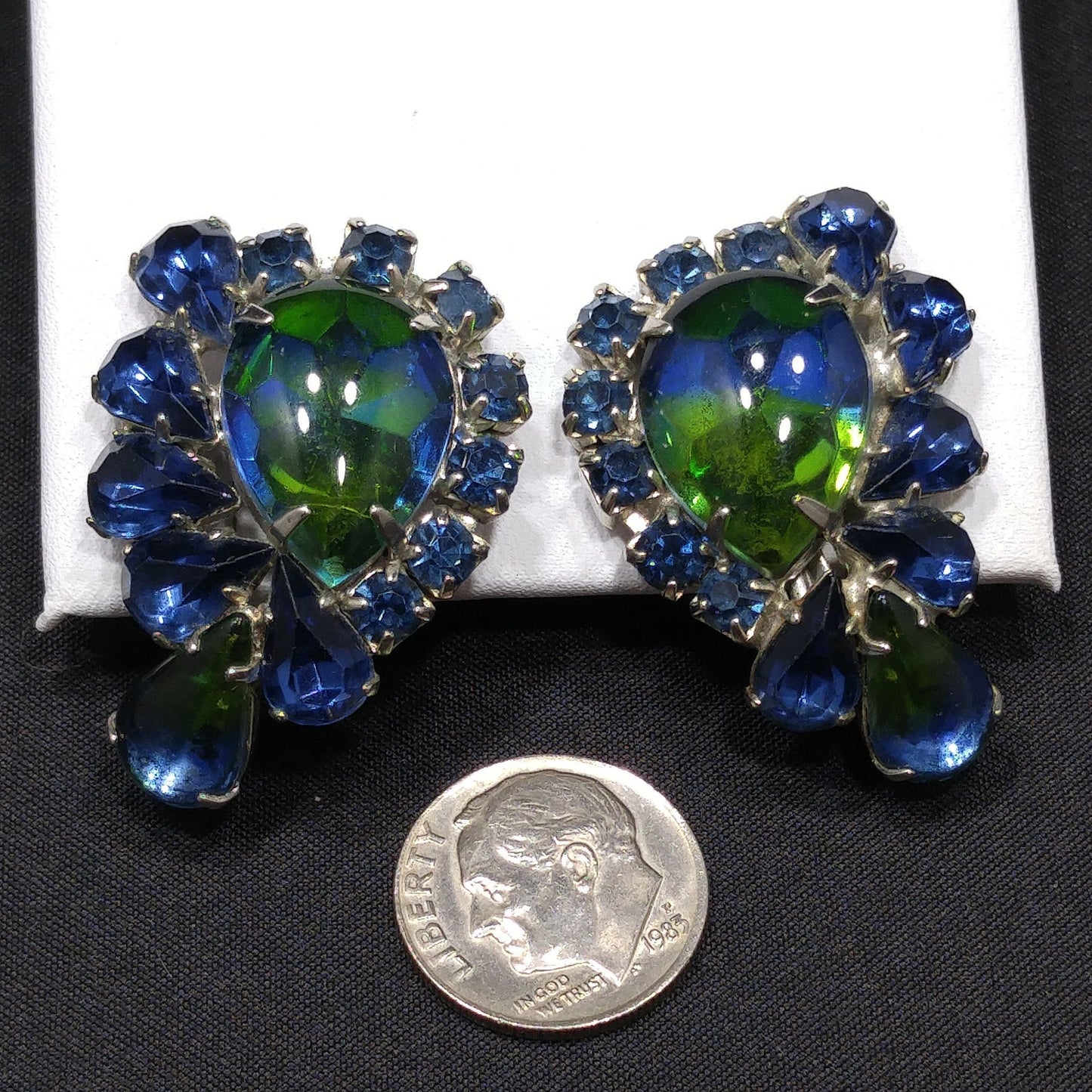 Weiss Blue Green Rhinestone Earrings, Rhodium Plated, 1950s Vintage Jewelry