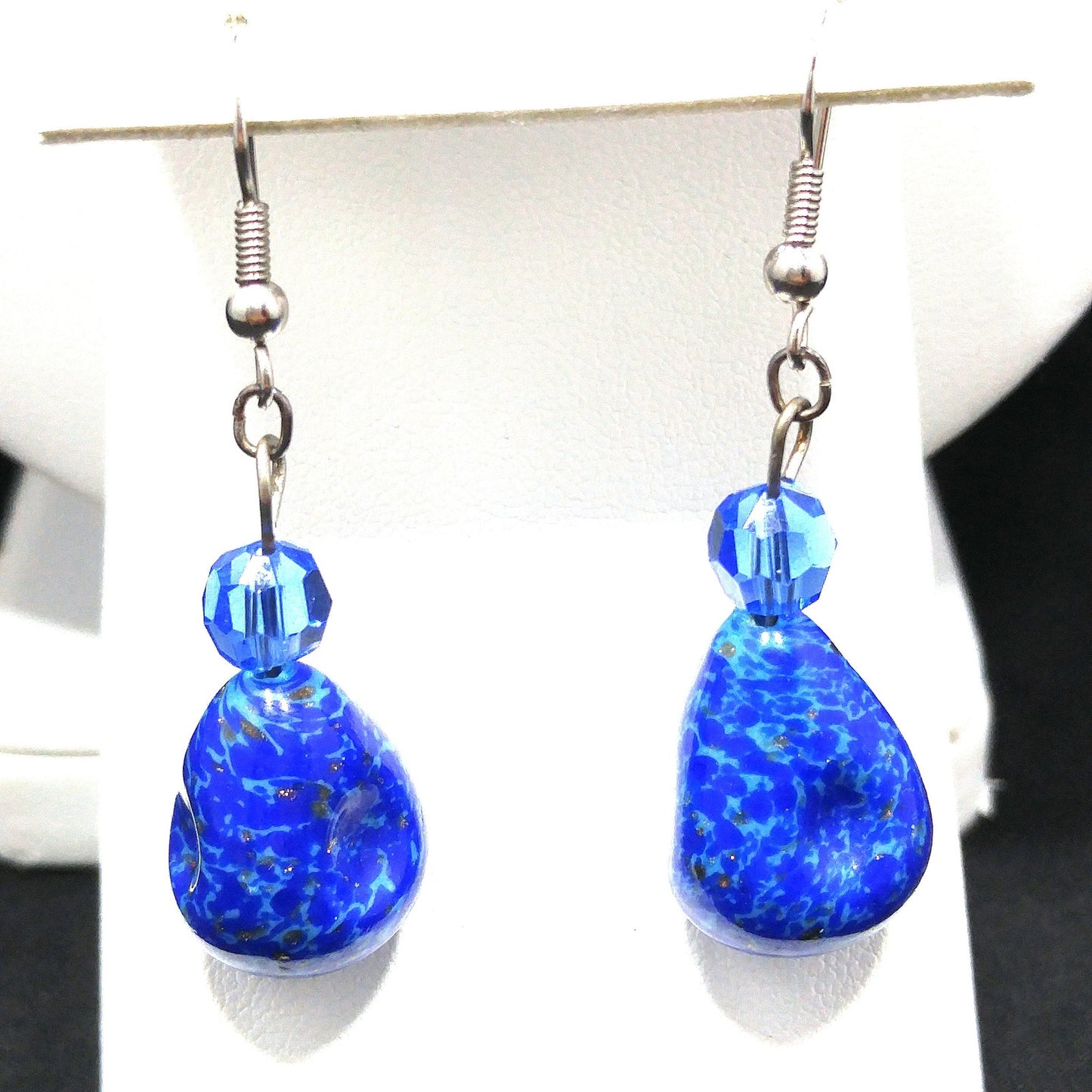 Cobalt Blue Crystal Long Necklace & Earrings, Artisan Jewelry, Faux Lapis Glass, 1940s Vintage Jewelry