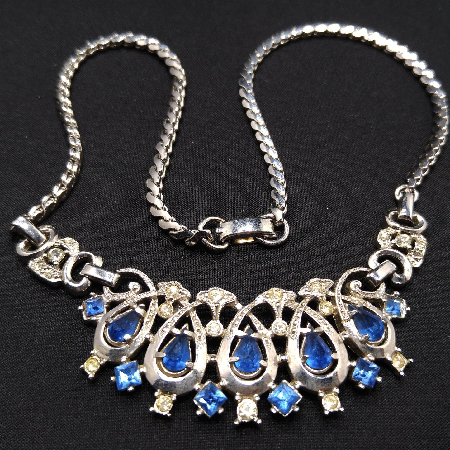 Lustern Blue Rhinestone Silver Tone Necklace, Louis Stern Gold Plated, 1940s Vintage Jewelry