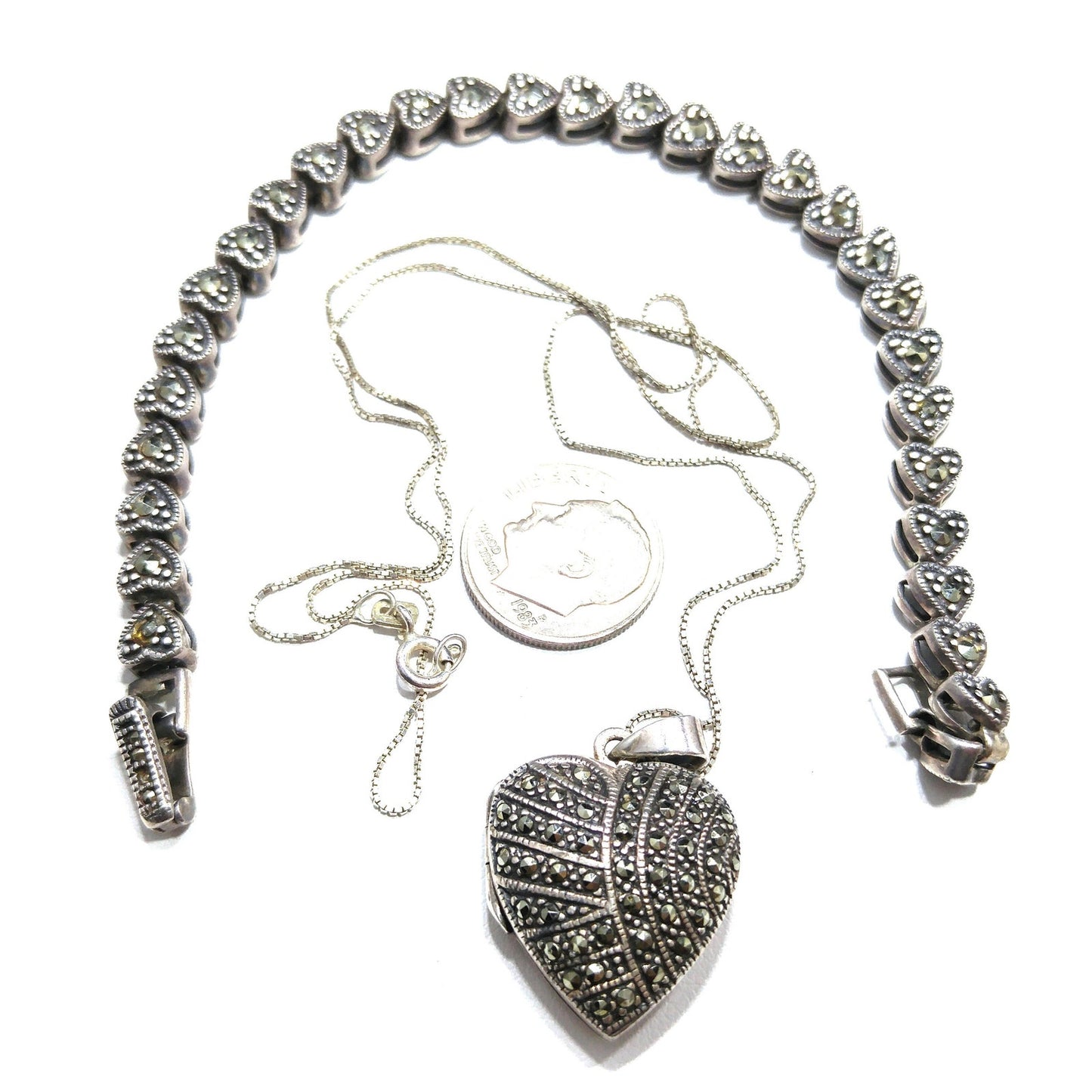 Marsala Silver Heart Locket Necklace & Bracelet, 925 Box Chain, 1980s Vintage Jewelry