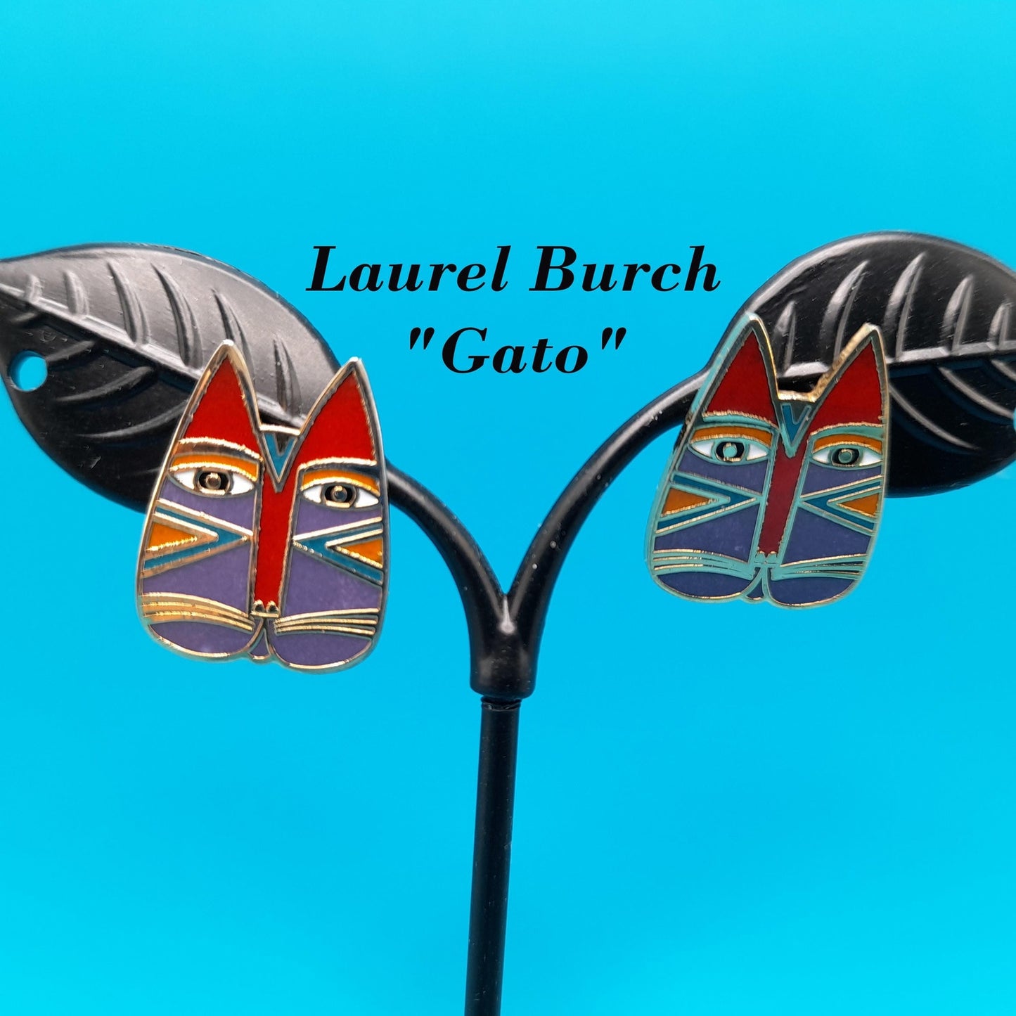 Laurel Burch "Gato" Cat Post Earrings, Enamel Cloisonne, Gold Plated, 1980s Vintage Jewelry