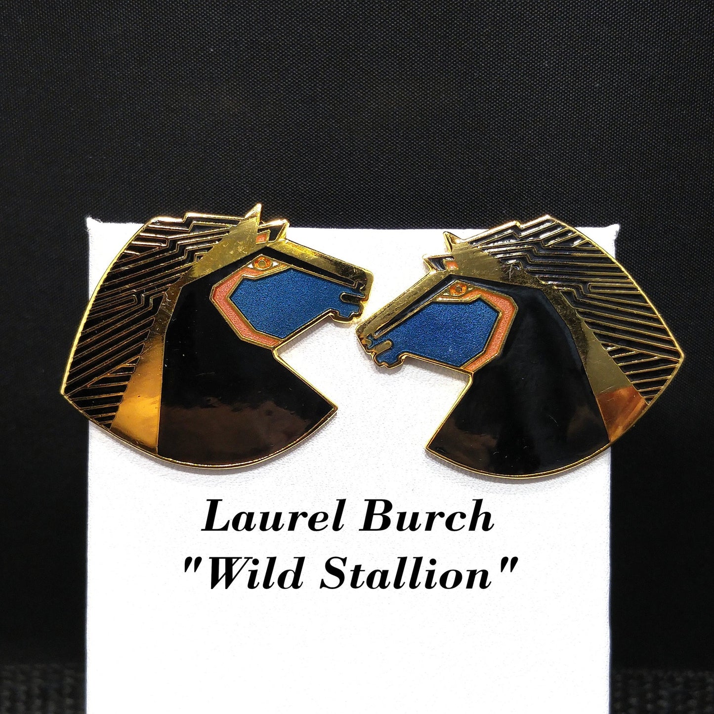 Laurel Burch "Wild Stallion" Post Earrings, Gold Plated Black Teal Enamel, 1980s Vintage Jewelry