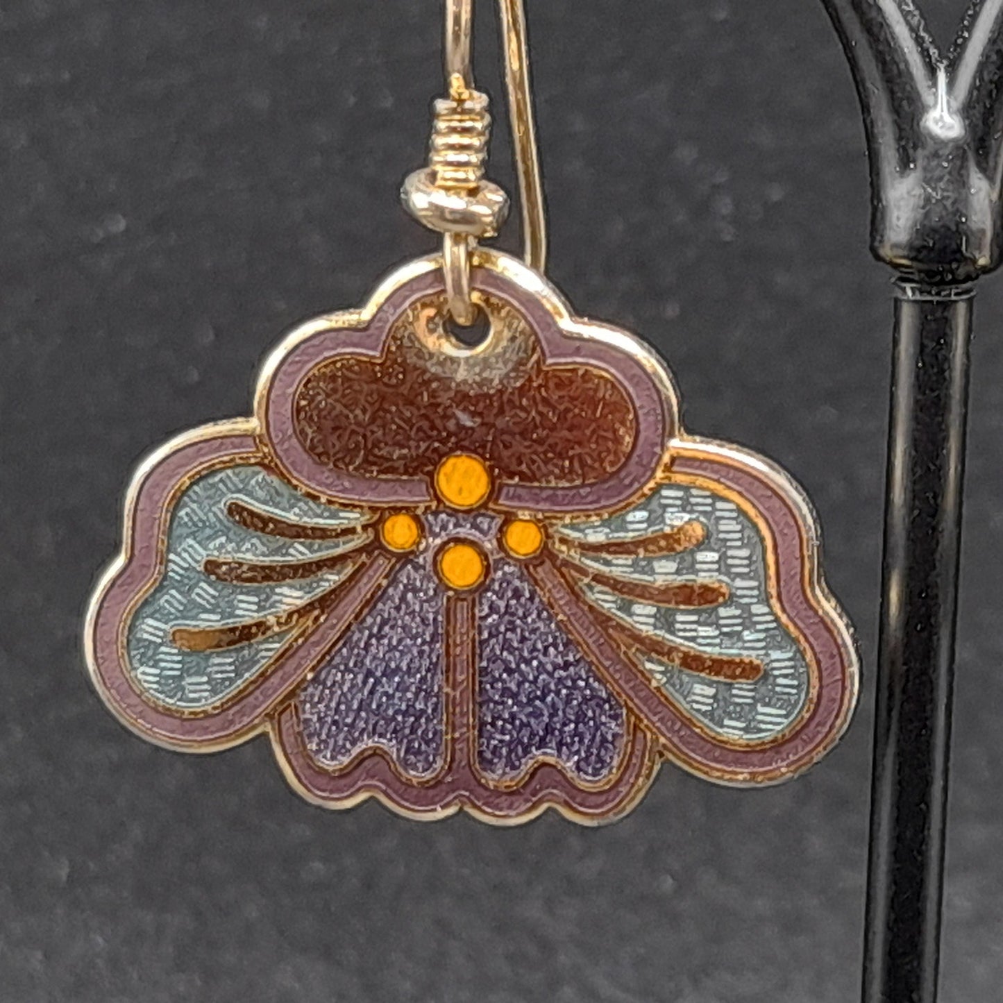 Vintage Laurel Burch Purple Orchid Earrings, Gold Plate & Enamel