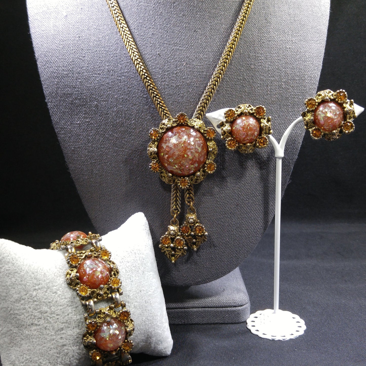 Glitter Lucite Light Topaz Rhinestones Jewelry Set, Necklace Bracelet Clip Earrings, 1950s Vintage Jewelry