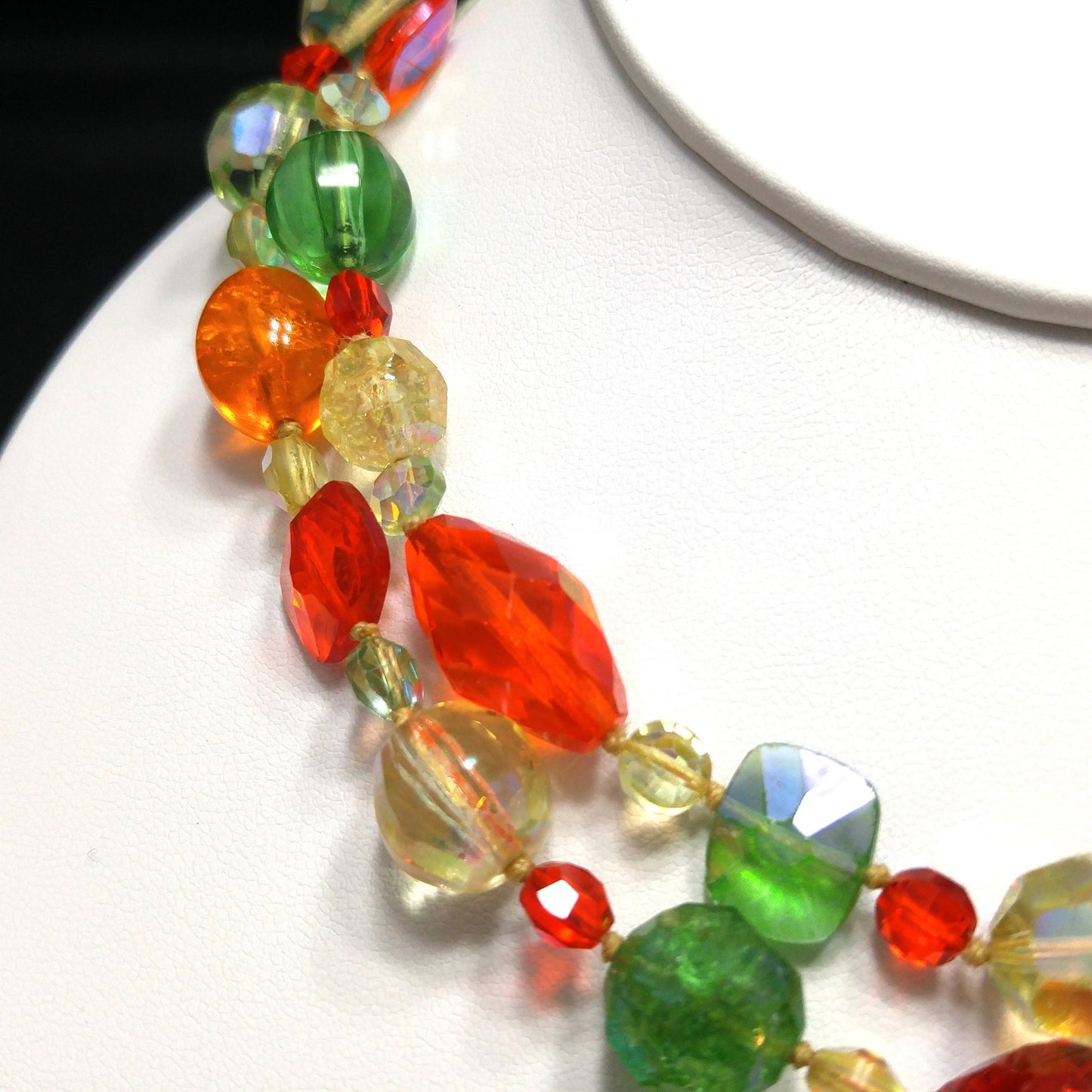 Crystal & Molded Glass Beaded Necklace, Orange Green Yellow, 1950s Vintage Jewelry
