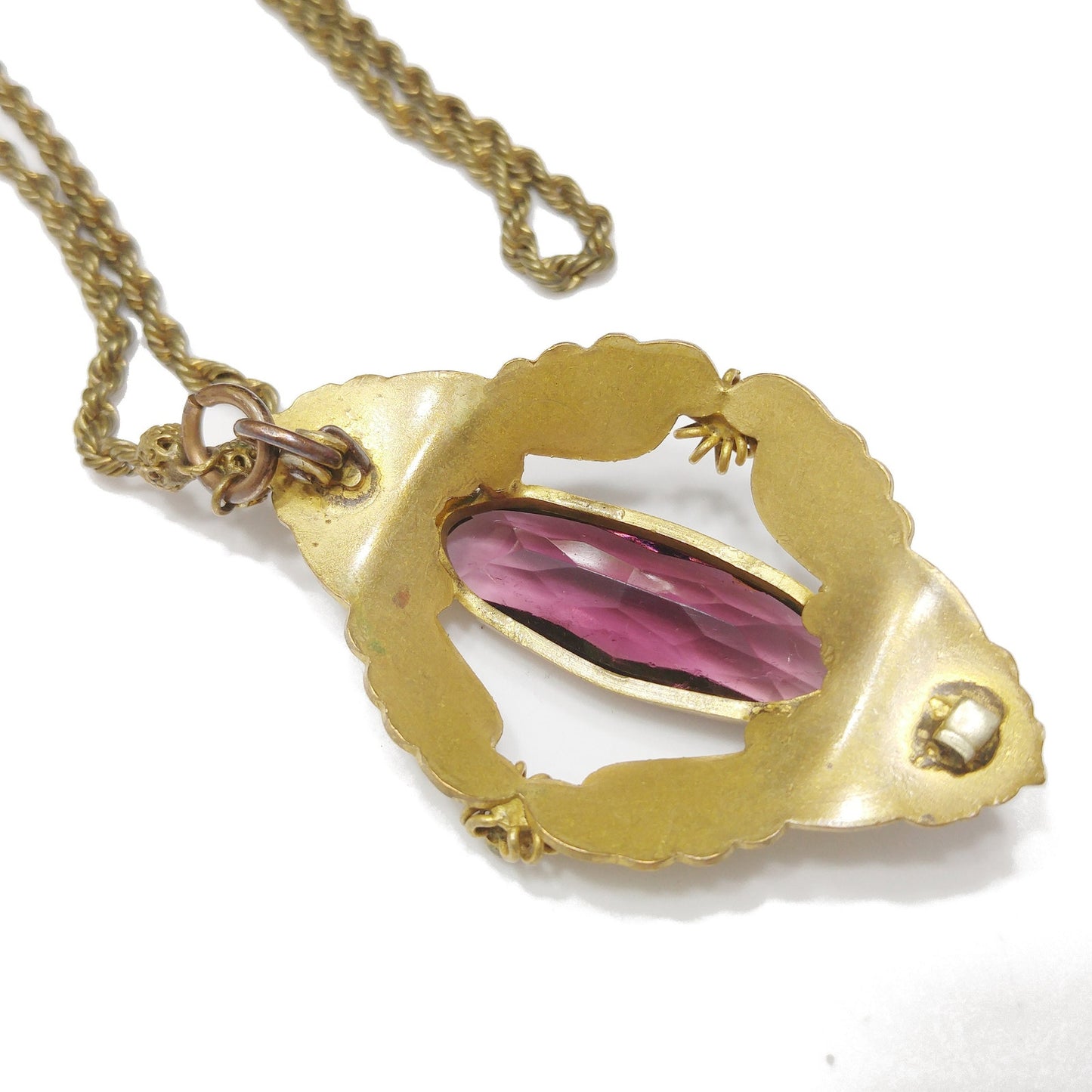 Victorian Purple Glass Pendant Necklace, Golden Brass, Early 1900s Vintage Jewelry