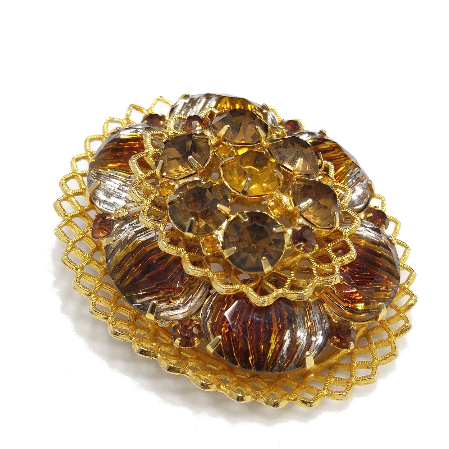 Light Dark Topaz Rhinestones Filigree Brooch, Art Glass, Two Tiered Oval Pin, 1960s Vintage Jewelry