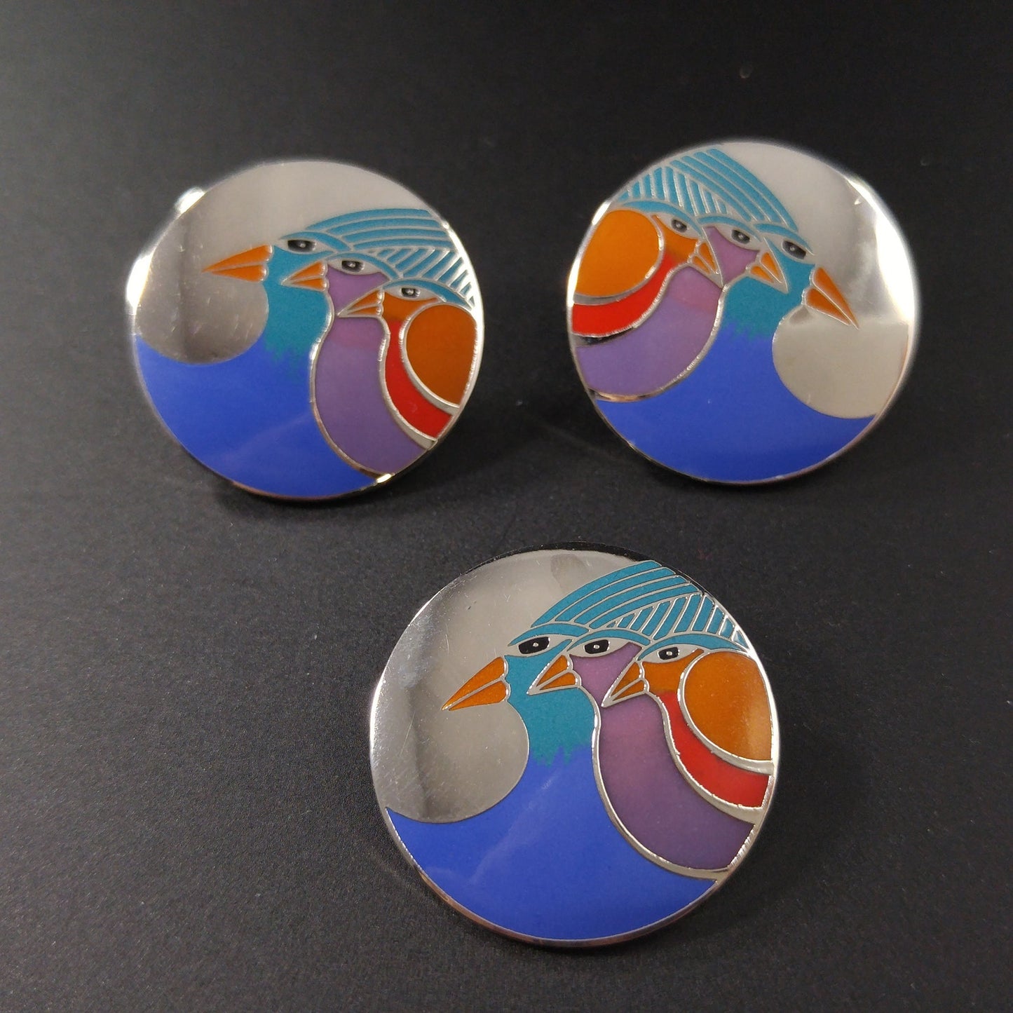 Laurel Burch "Celestial Birds" Earrings & Brooch, 1980s Vintage Jewelry