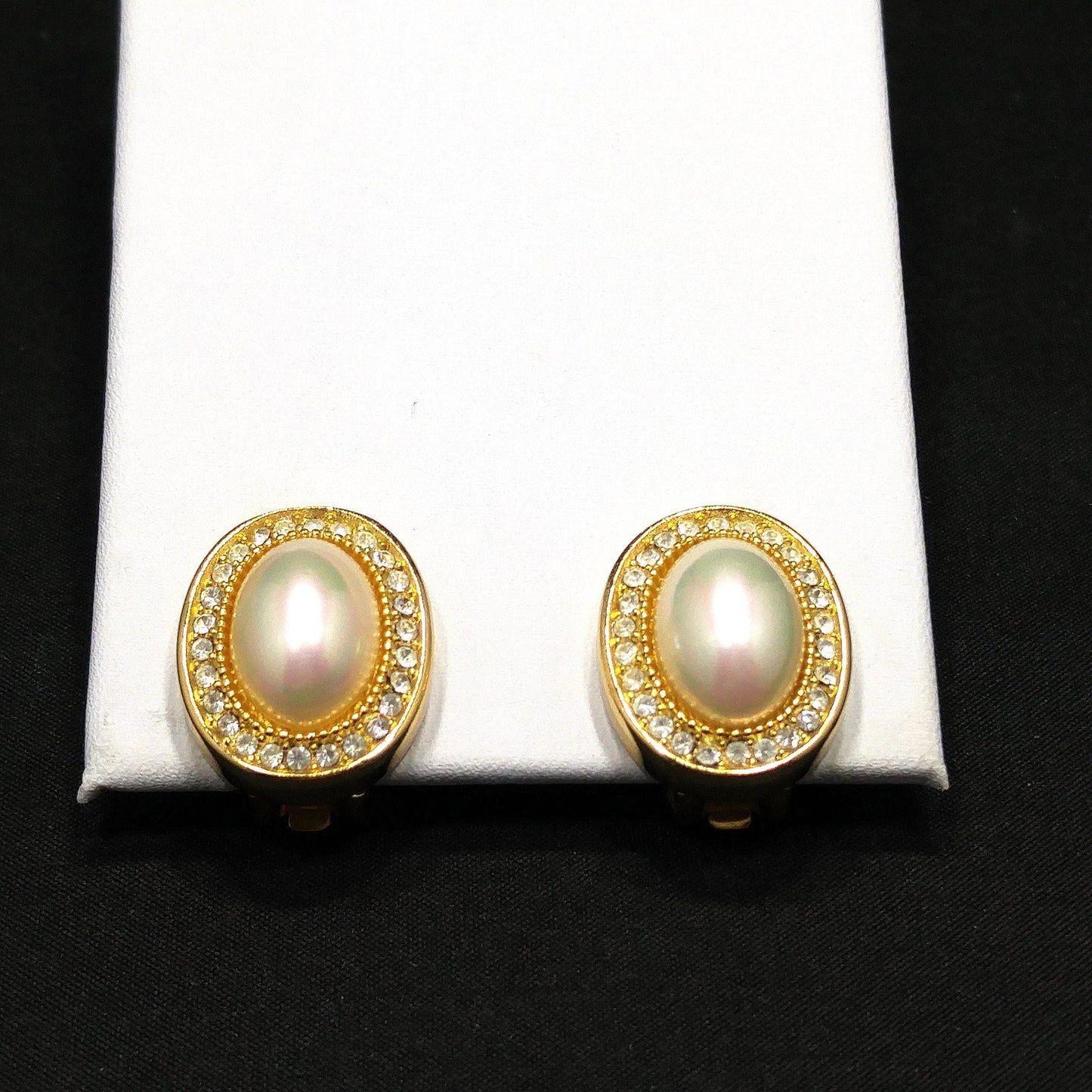 Christian Dior Faux Pearl Rhinestone Clip Earrings, Gold Plated, 1980s Vintage Jewelry