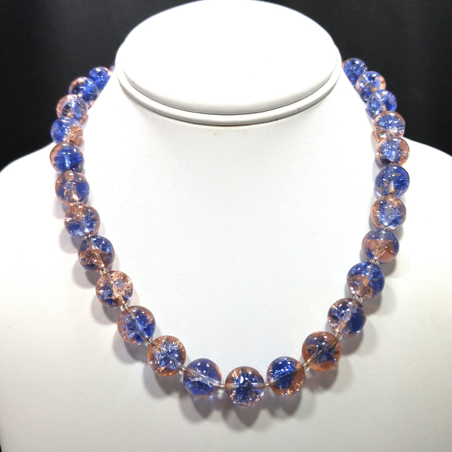 Blue Pink Crackle Glass Beaded Necklace, Filigree Brass Clasp, 1950s Vintage Jewelry