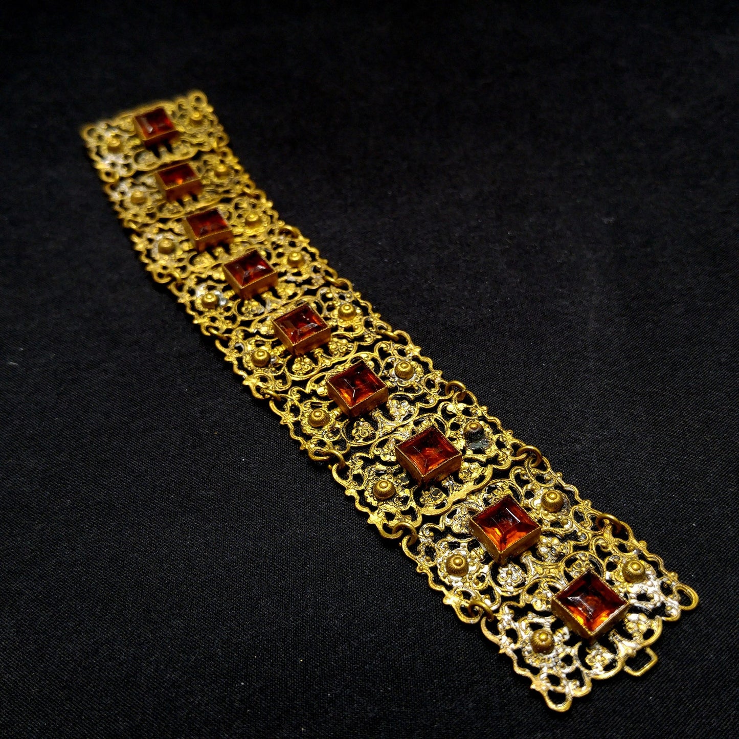 Vintage Filigree Topaz Glass Link Wide Bracelet, Built in Hook On Back, Antique 1920s Vintage Jewelry