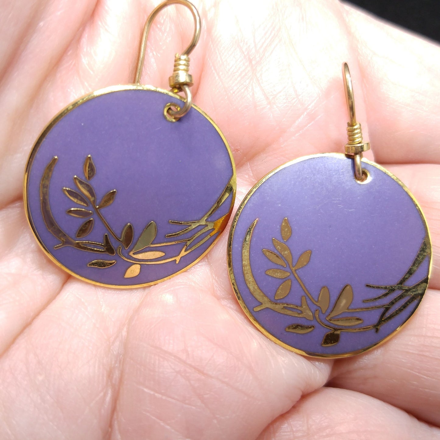 Vintage Laurel Burch Lavender Floral Earrings, Gold Plated Cloisonne