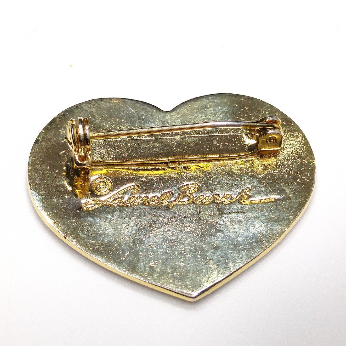 Laurel Burch Two Bird Heart Brooch, Gold Plated Cloisonne, 1980s Vintage Jewelry