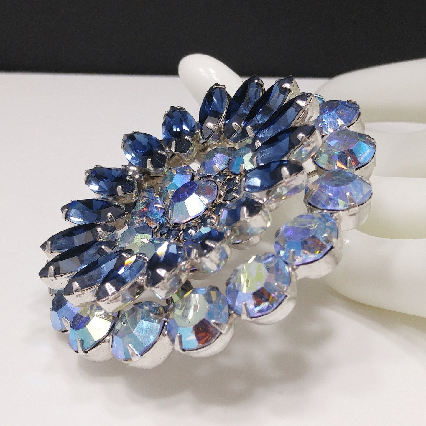 Mid Century Blue Aurora Borealis Brooch, Rhodium Plated, 1960s Vintage Jewelry