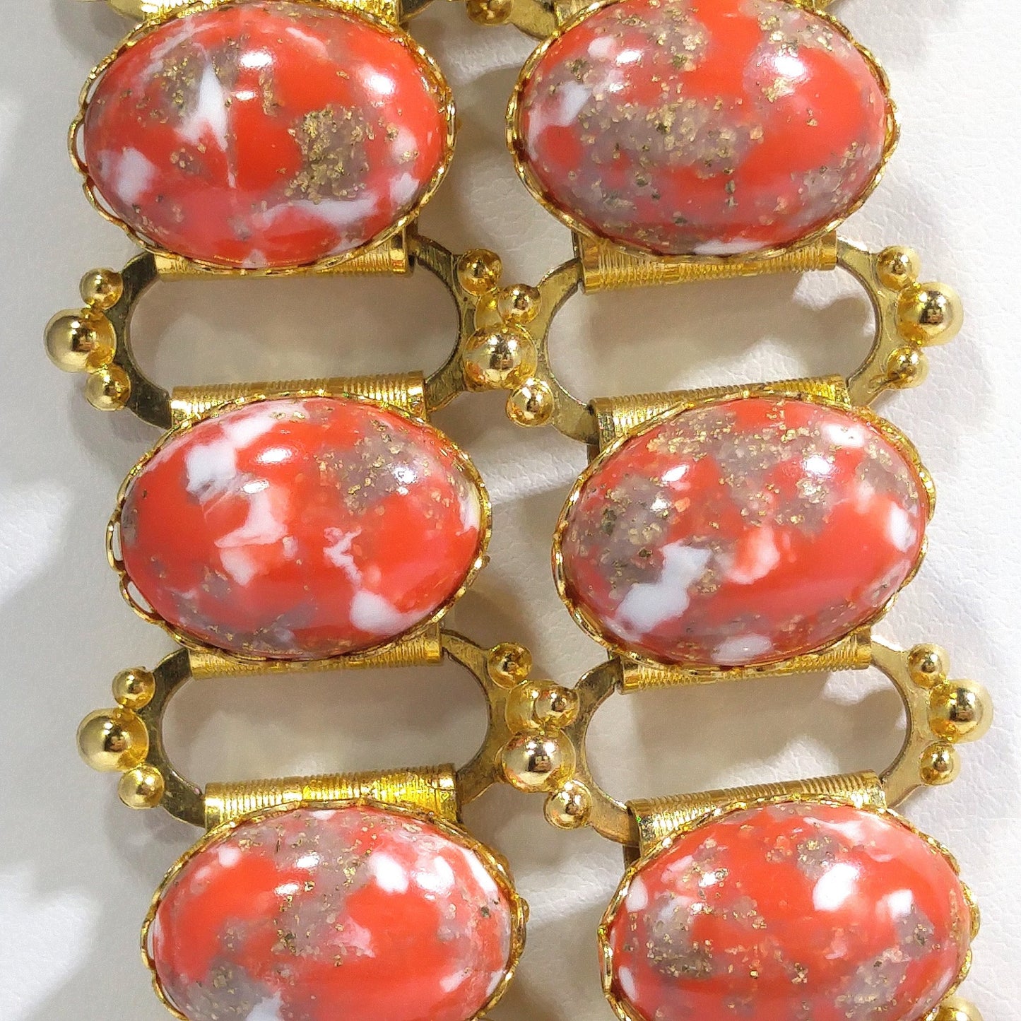 Book Chain Orange Gold Cabochon Lucite Belt or Long Necklace, Gold Robin's Egg Cabs, 36", 1960s Vintage Jewelry