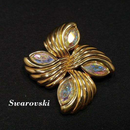 Swarovski AB Rhinestone Swirl Brooch, Swan Logo, Gold Plated, 1980s–1990s Vintage
