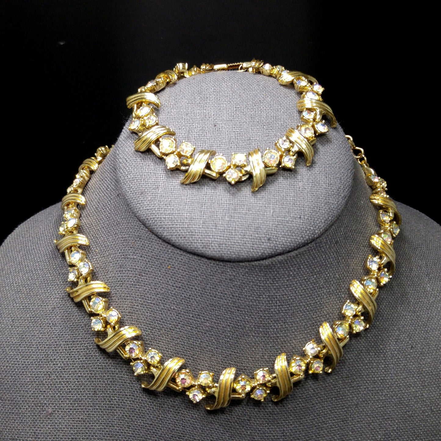 Vintage Aurora Borealis Rhinestone Necklace Bracelet Set, Gold Plated, 1960s Vintage Jewelry