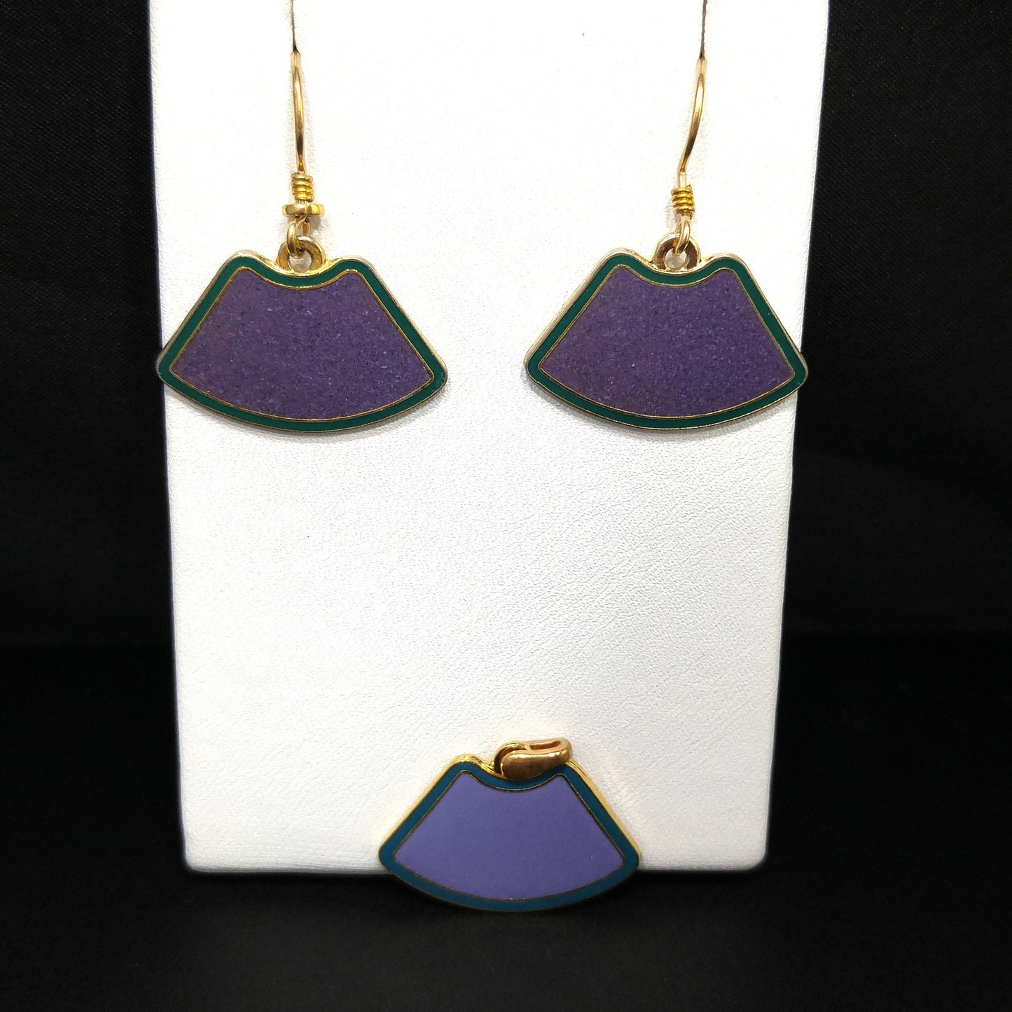 Laurel Burch Purple & Teal Earrings Pendant, Cloisonné Enamel, Gold Plated, 1980s Vintage Jewelry