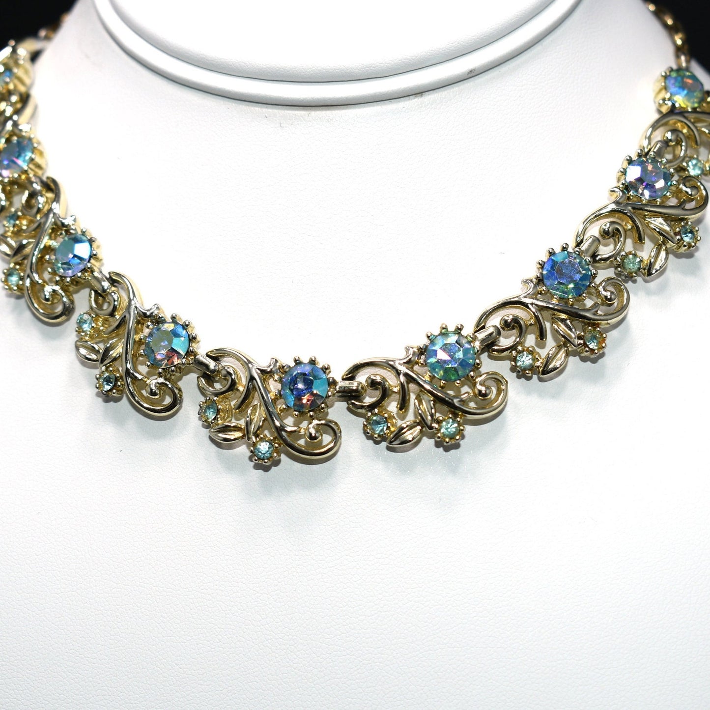 Coro Blue Aurora Borealis Gold Tone Choker Necklace, 1950s Vintage Jewelry