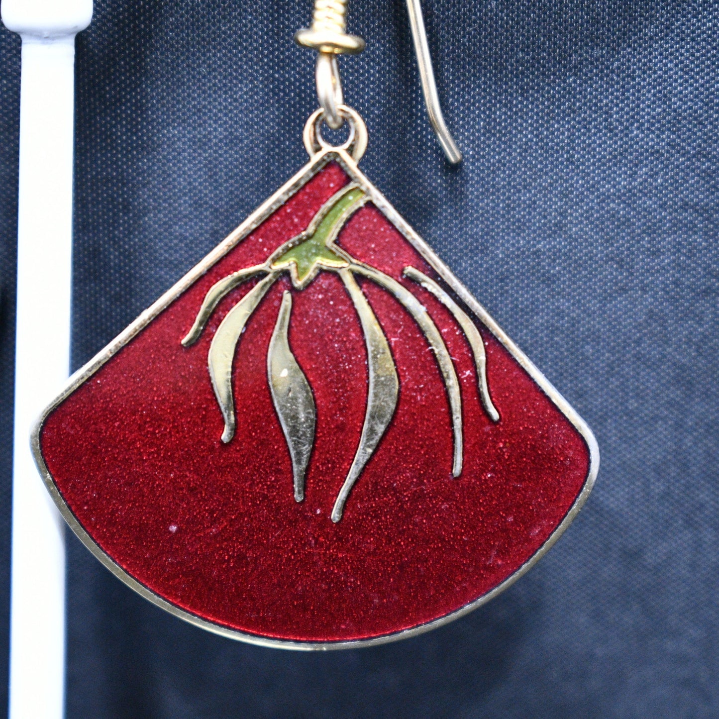 Laurel Burch "Willow Fan" Earrings, Gold Plated, Cloisonne Red Enamel, 1980s