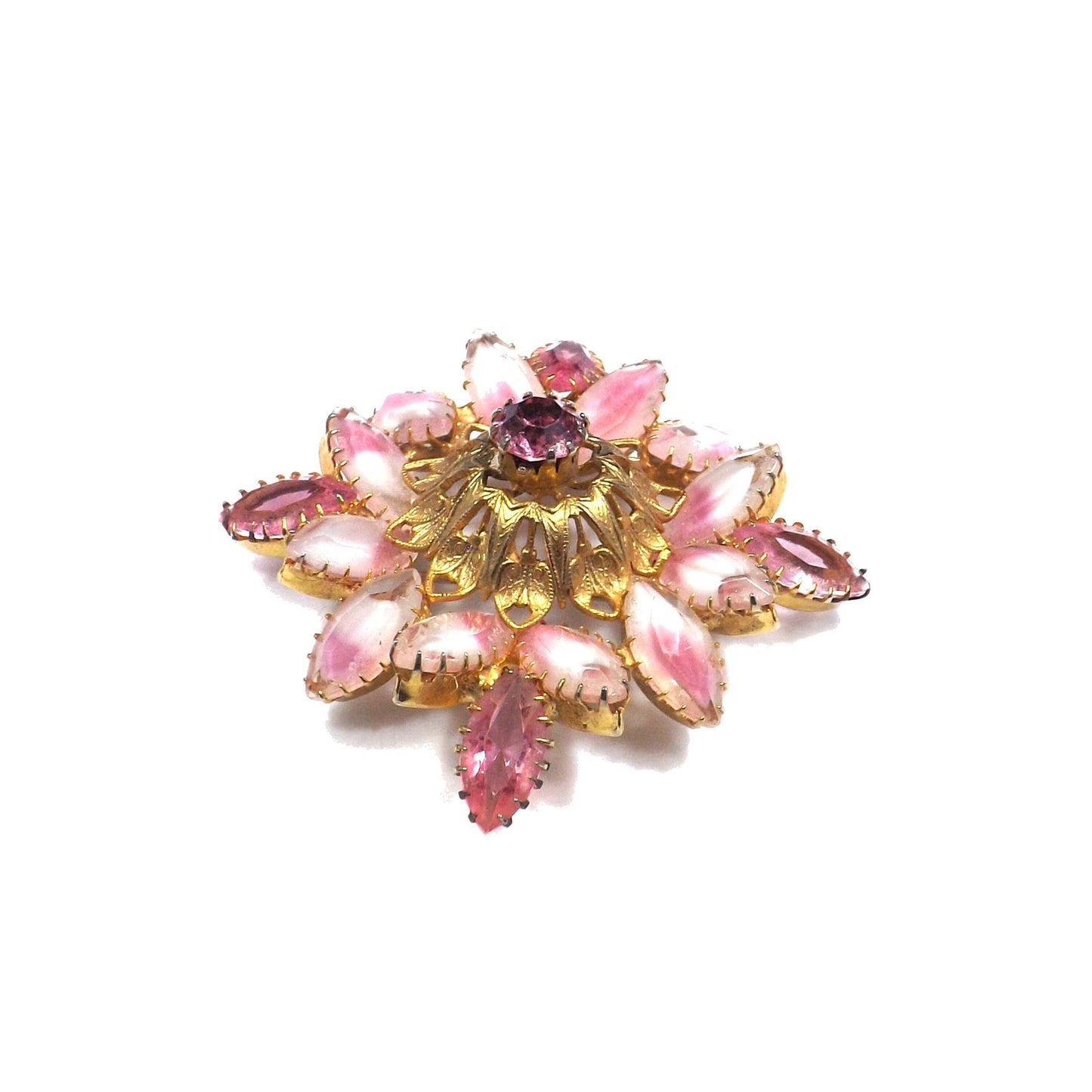Pink Rhinestone Art Glass Domed Floral Brooch, Gold Plated Filigree, 1960s Vintage Jewelry