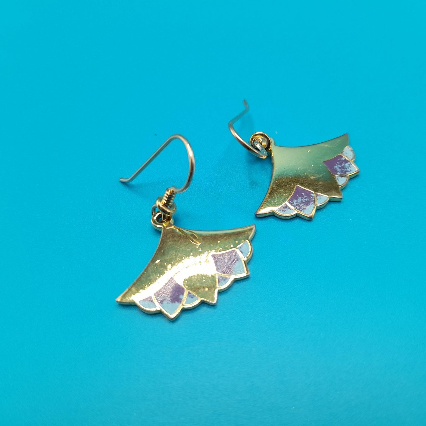 Laurel Burch "Nile Lotus" Drop Earrings, Gold Plated, Enamel Light Blue Purple, 1980s Vintage Jewelry