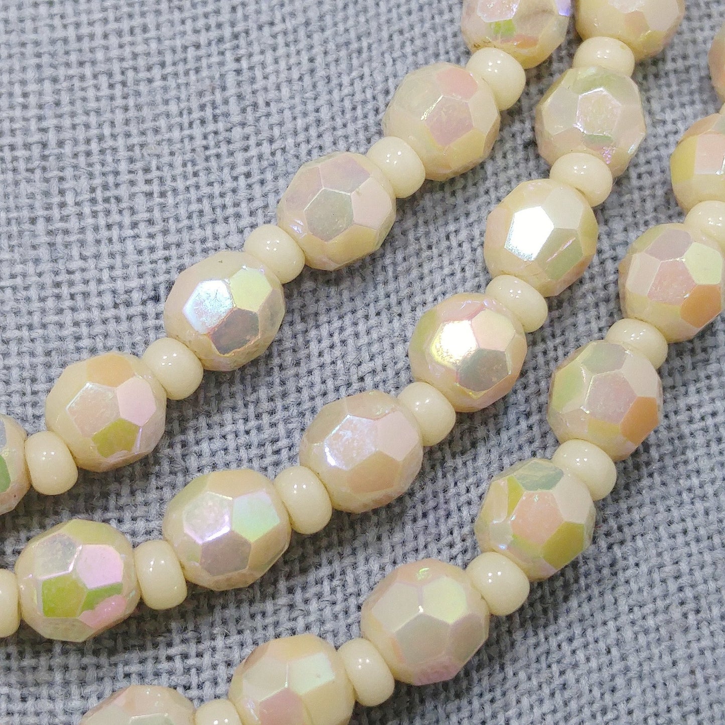 West Germany Fire Polished Beige Beaded Necklace, Three Strands, 1950s Vintage Jewelry