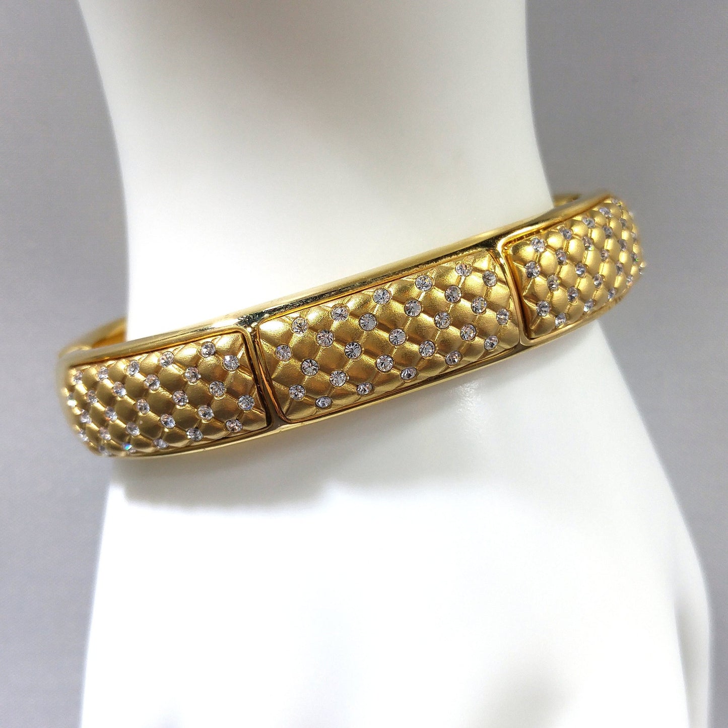 Vintage Swarovski Gold Plated Hinged Cuff Bracelet Clear Rhinestones Swan Logo