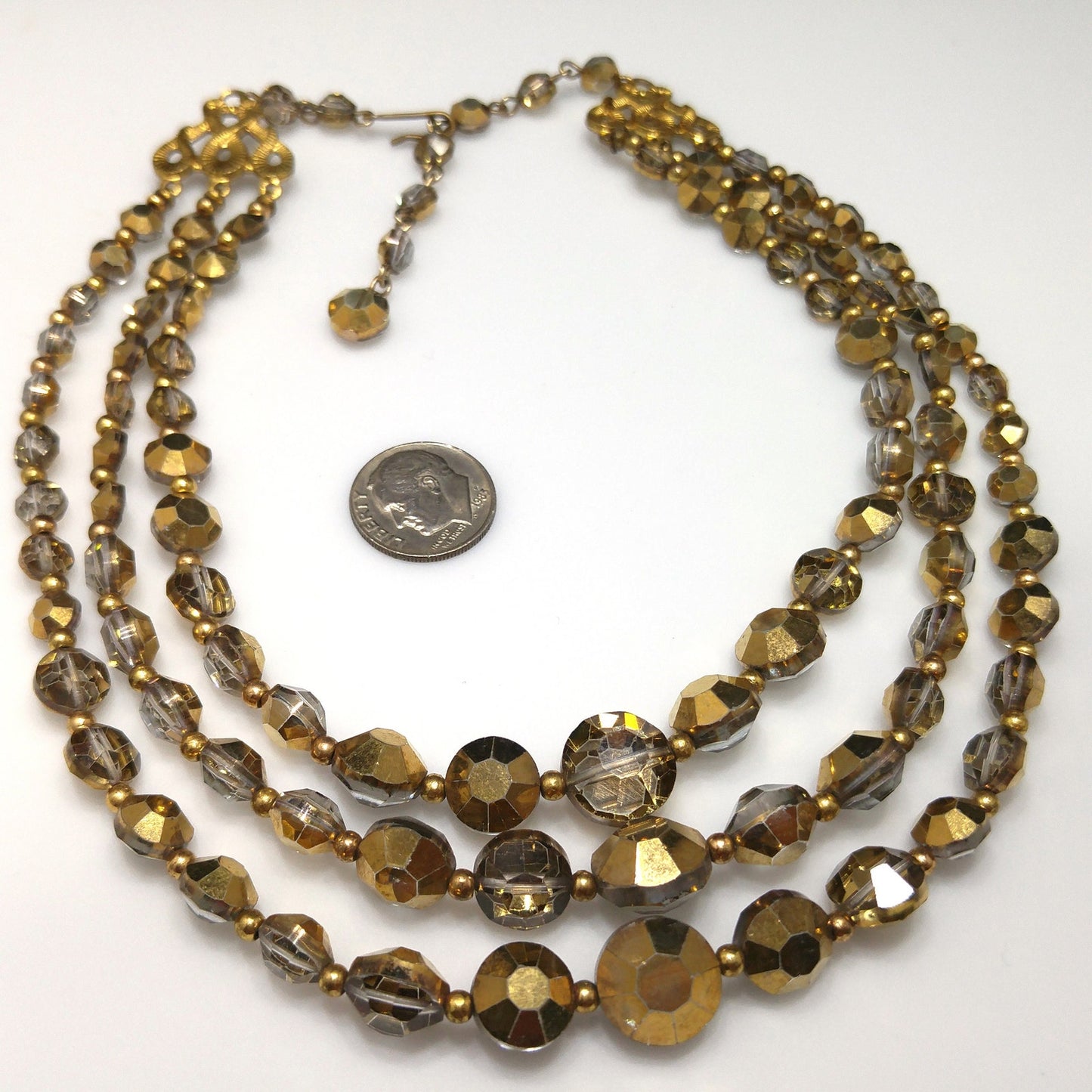 Mid-Century Gold Aspirin Crystal Bead Necklace, Three Strands, 1960s Vintage Jewelry