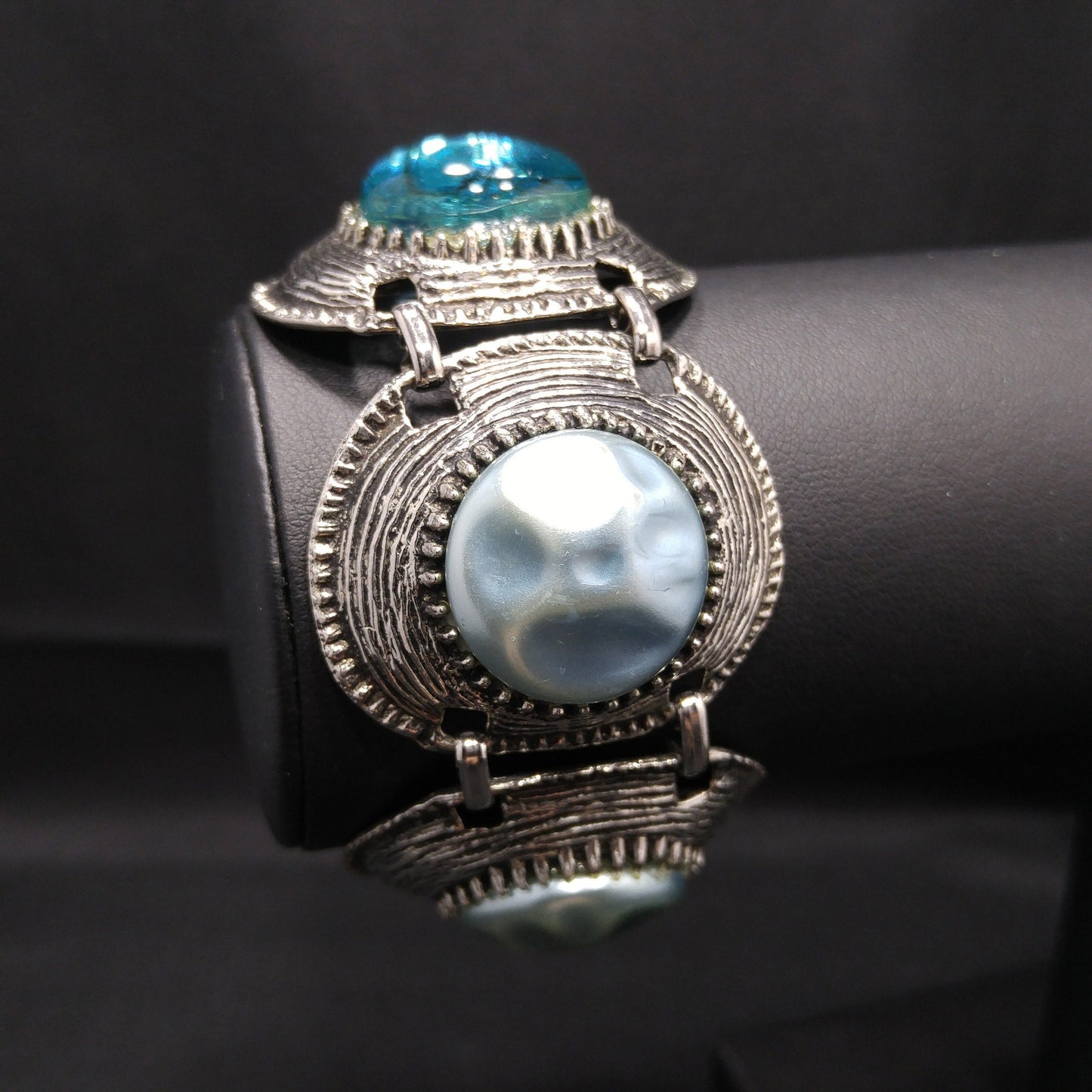 Mid-century Silver Tone Five Link Bracelet, Gold Plated, Blue Lucite Pearled & Clear
