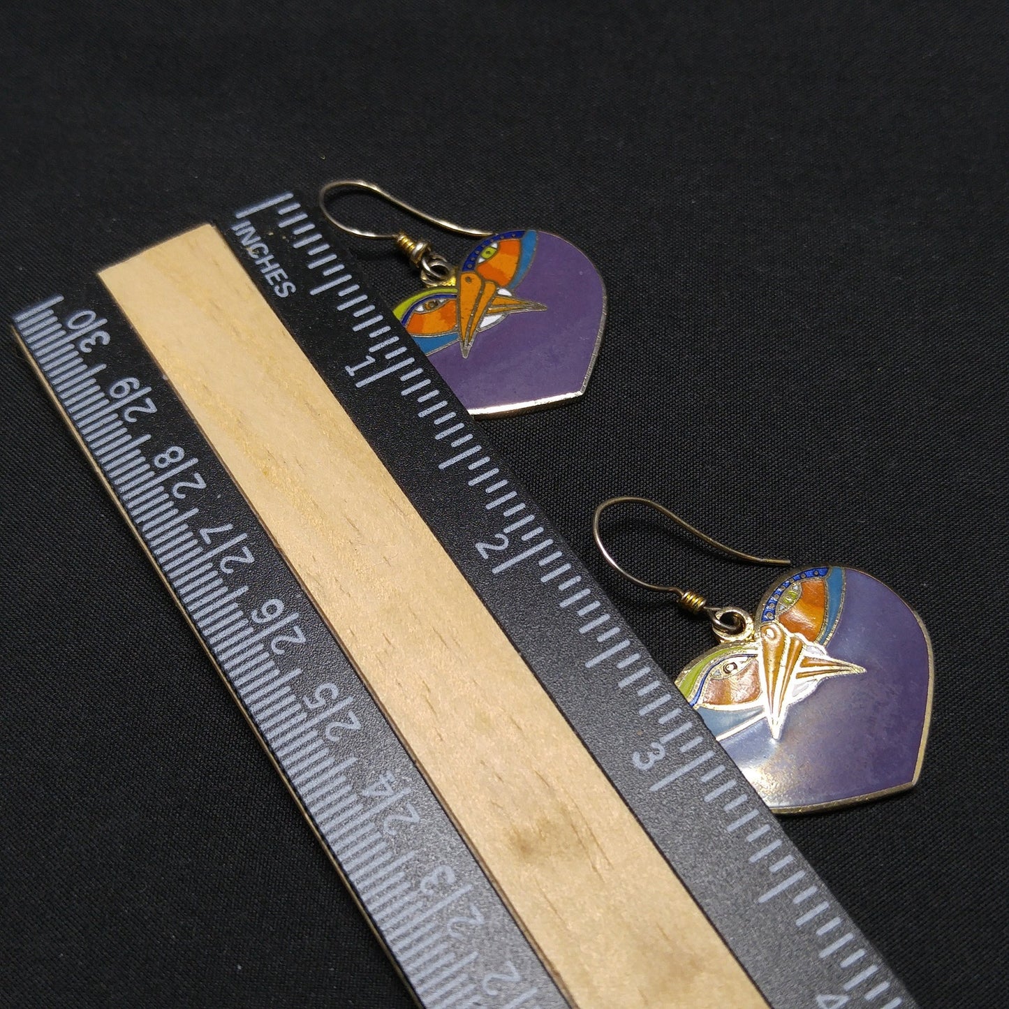Vintage Laurel Burch Purple Bird Heart Earrings, Gold Plated