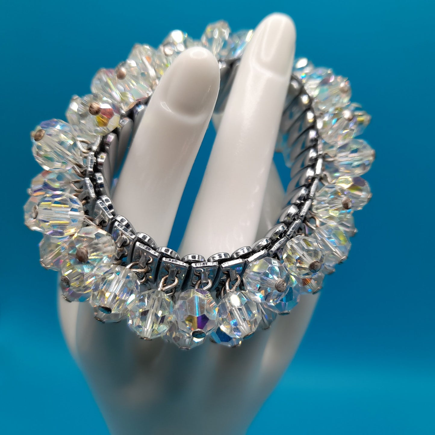 Vintage Japan Expandable Bracelet, Clear Crystal Beads, Cha Cha, 1960s Jewelry