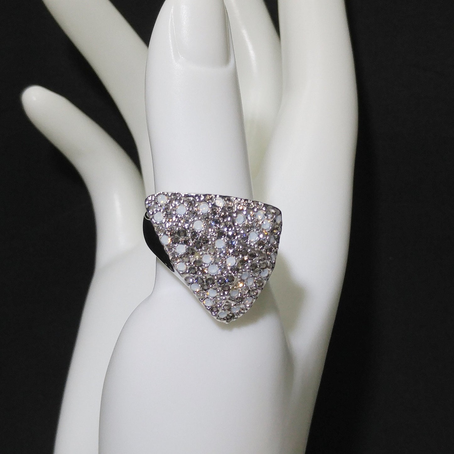 Swarovski Rhinestone Cocktail Ring, Triangular Shape, Clear Smoky & Faux Opal Crystals, Vintage Size 8.5, Swan Logo