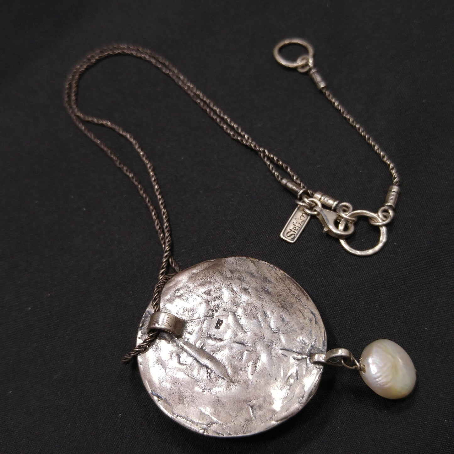 Sterling Silver Israel Artisan Pendant Necklace, Faux Pearl Dangle, 1990s Vintage Jewelry