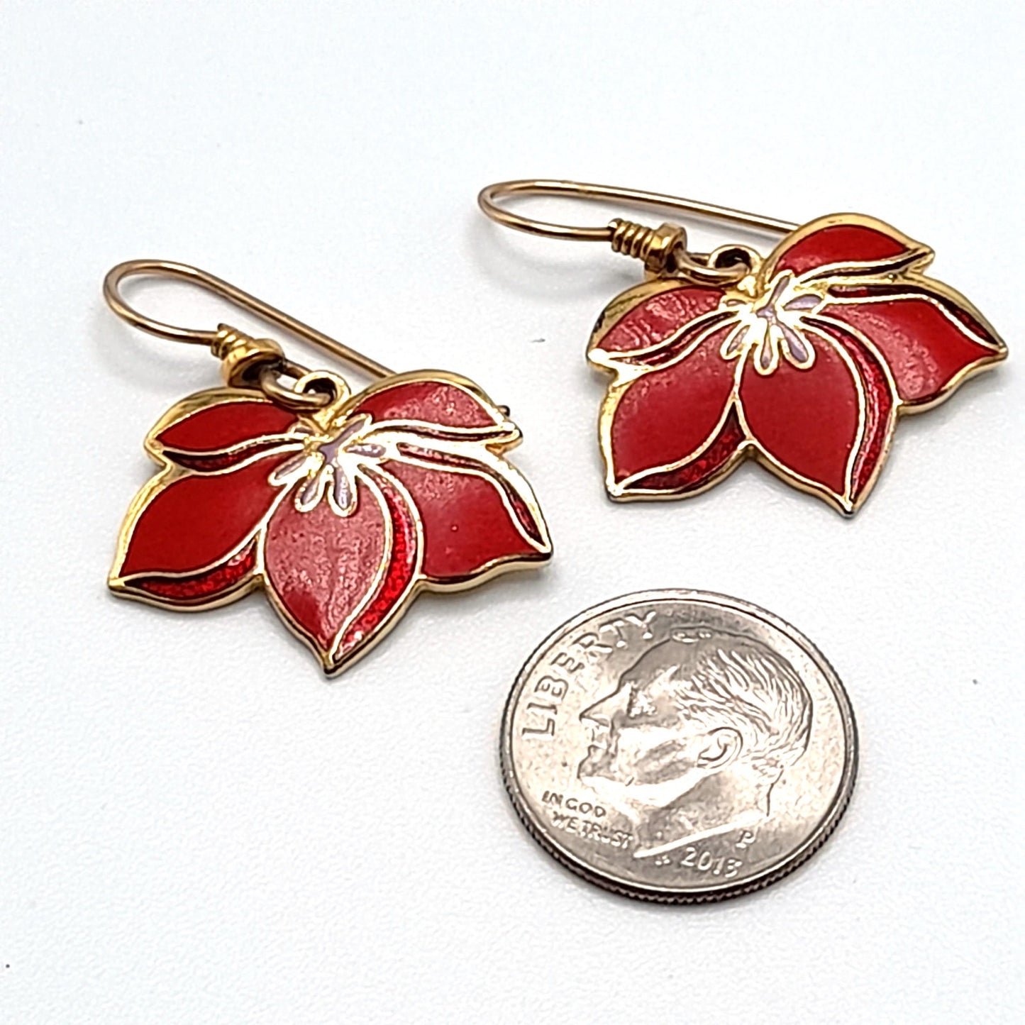 Vintage Laurel Burch "Pear Blossom" Earrings, Gold Plated, Red Enamel