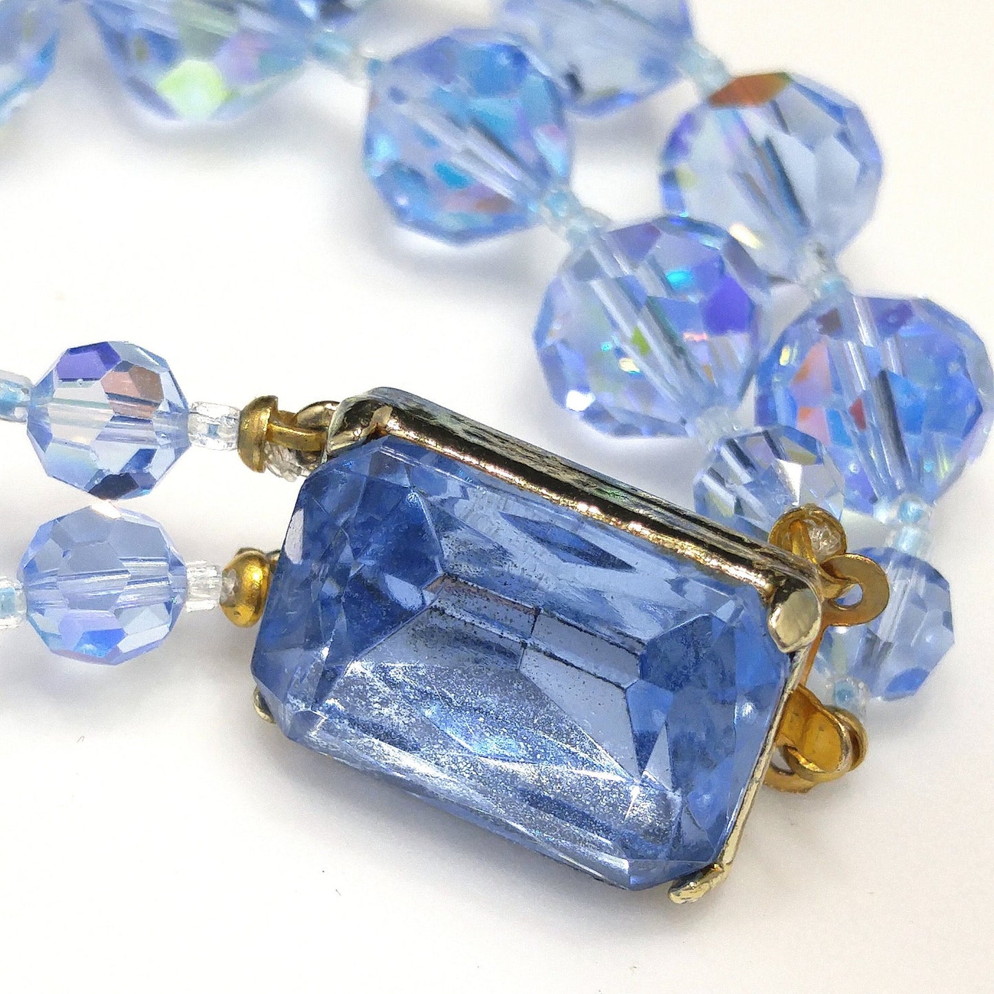 Light Blue Crystal Necklace Clip Earrings Set, Aurora Borealis, 1960s Vintage Jewelry