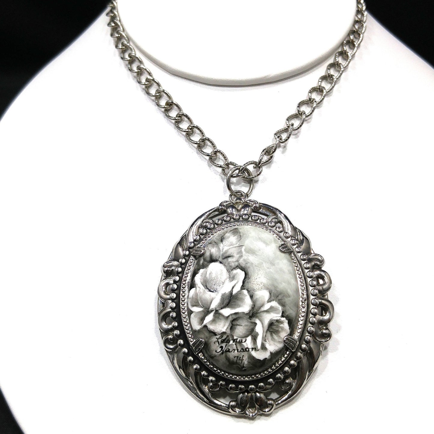Hand Painted Monochrome Flower Pendant Necklace, Signed & Dated, 1970s Vintage Jewelry