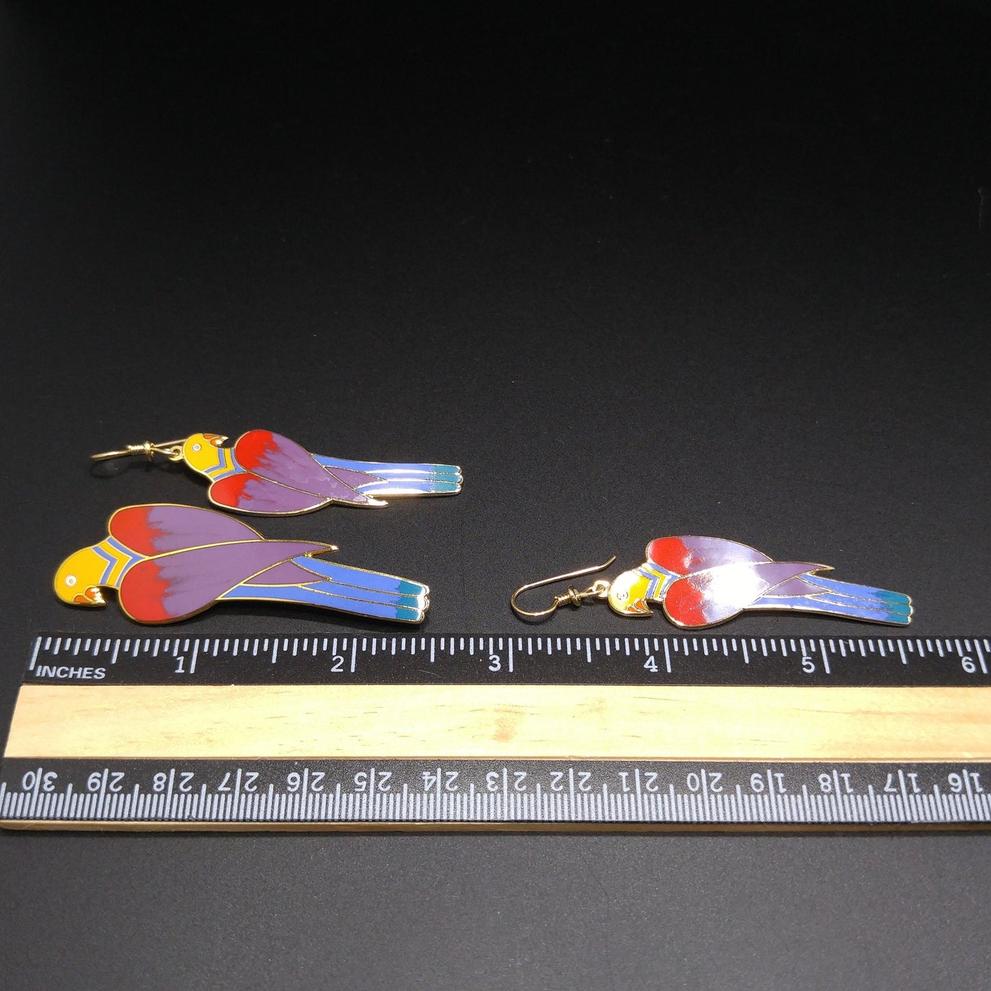 Laurel Burch Cezanne Parrot Earrings & Brooch Set, 22 KG Plated Cloisonné Enamel, 1980s Vintage Jewelry