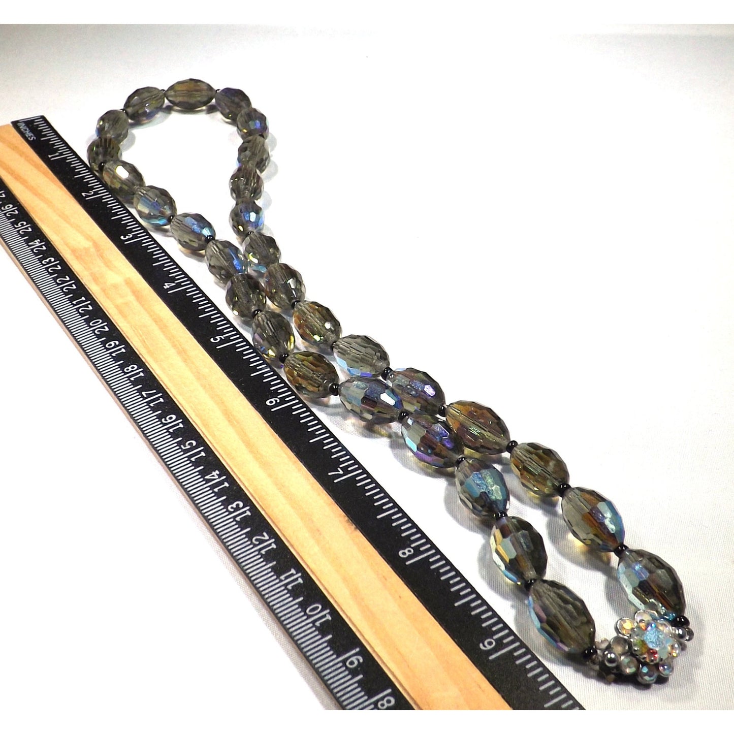 Vintage Chess Oval Aurora Borealis Crystal Beaded Necklace, Rhinestone Clasp, 1960s Vintage Jewelry
