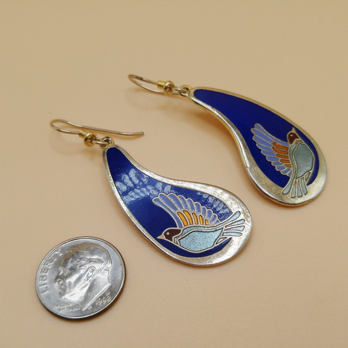 Vintage Laurel Burch Swallow Bird Blue Enamel Earrings, Gold Plated