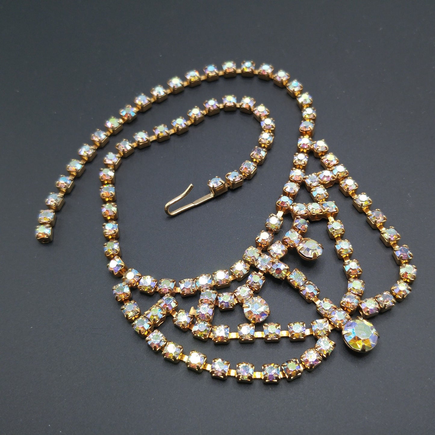 Aurora Borealis Rhinestone Choker Necklace, Gold Plated, 1960s Vintage Jewelry