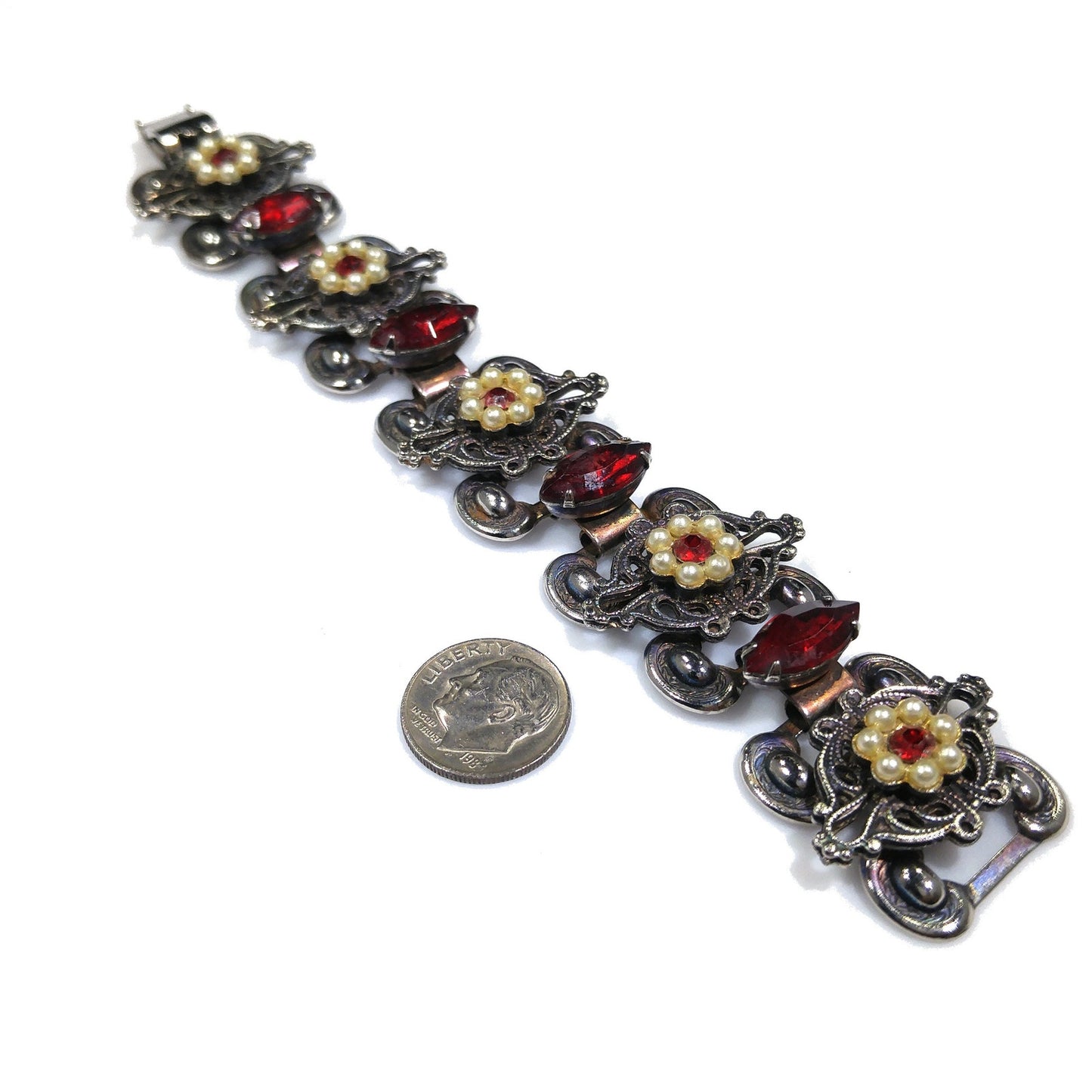 Victorian Red Rhinestone Book Chain Bracelet, Faux Pearl Flowers, 1940s Vintage Jewelry