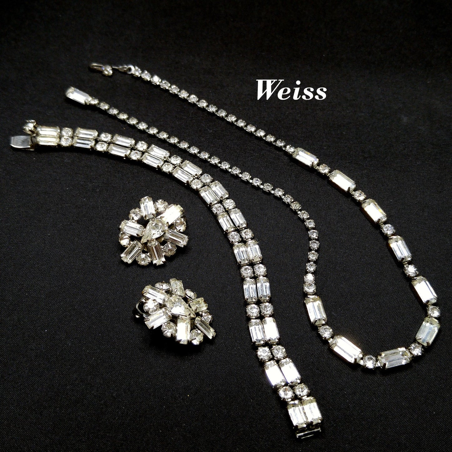 Vintage Weiss Earrings Bracelet & Necklace, Clear Rhinestones, Rhodium Plated
