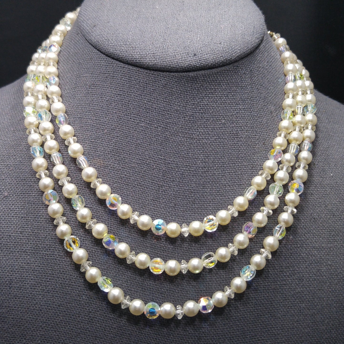 Mid-Century Crystal Faux Pearl Necklace, Three Strands, 1950s Vintage Jewelry