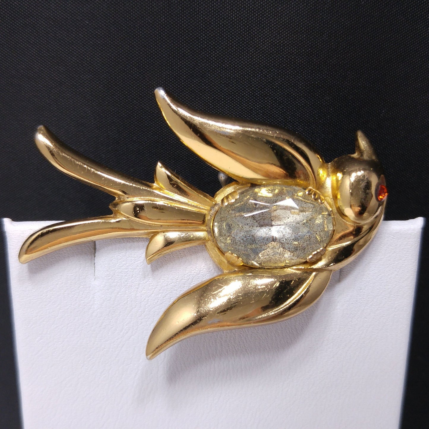 Coro Pegasus Bird Brooch, Clear Faceted Rhinestone Red Eye, 1940s Vintage Jewelry