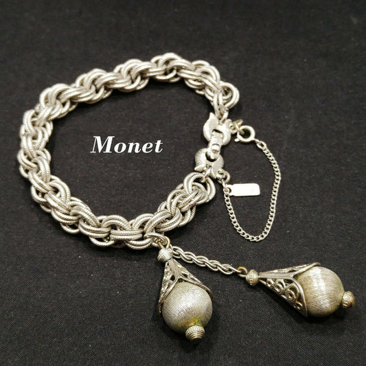 Signed Monet Bracelet Silver Tone Bolero Series, Book Piece, Two Tassels, 1960s Vintage Jewelry