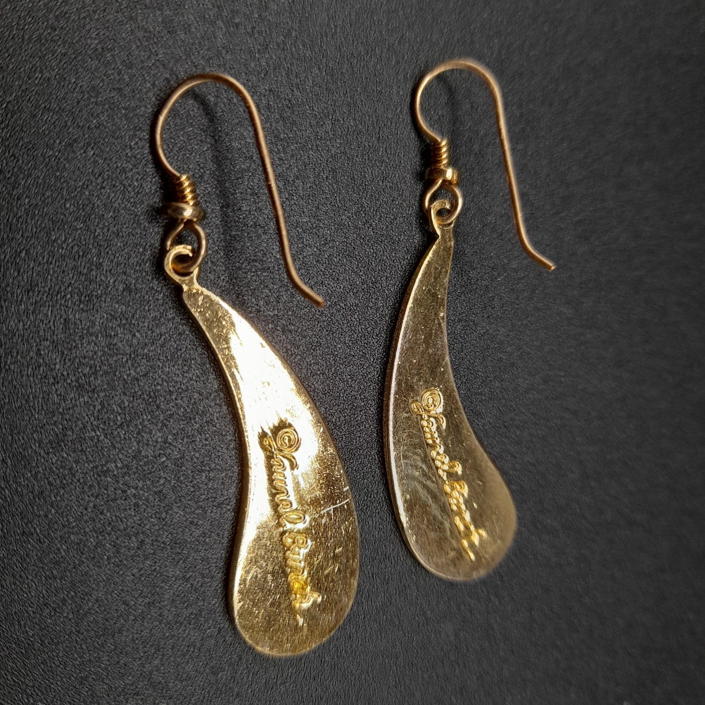 Vintage Laurel Burch Turquoise Drop Earrings, Curved Teardrop, Gold Plated
