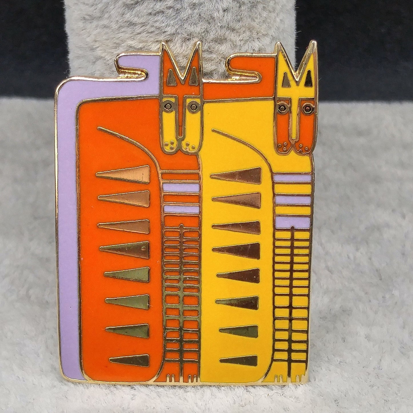 Laurel Burch "Egypticat" Brooch, Cloisonne Gold Plated, Yellow Orange Enamel Cats, 1980s Vintage Jewelry