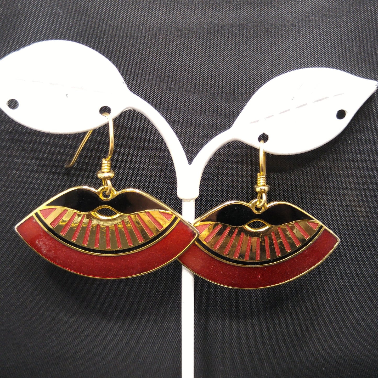 Laurel Burch Metallic Red Fan Earrings, Cloisonne Gold Plate Enamel, 1980s Vintage Jewelry