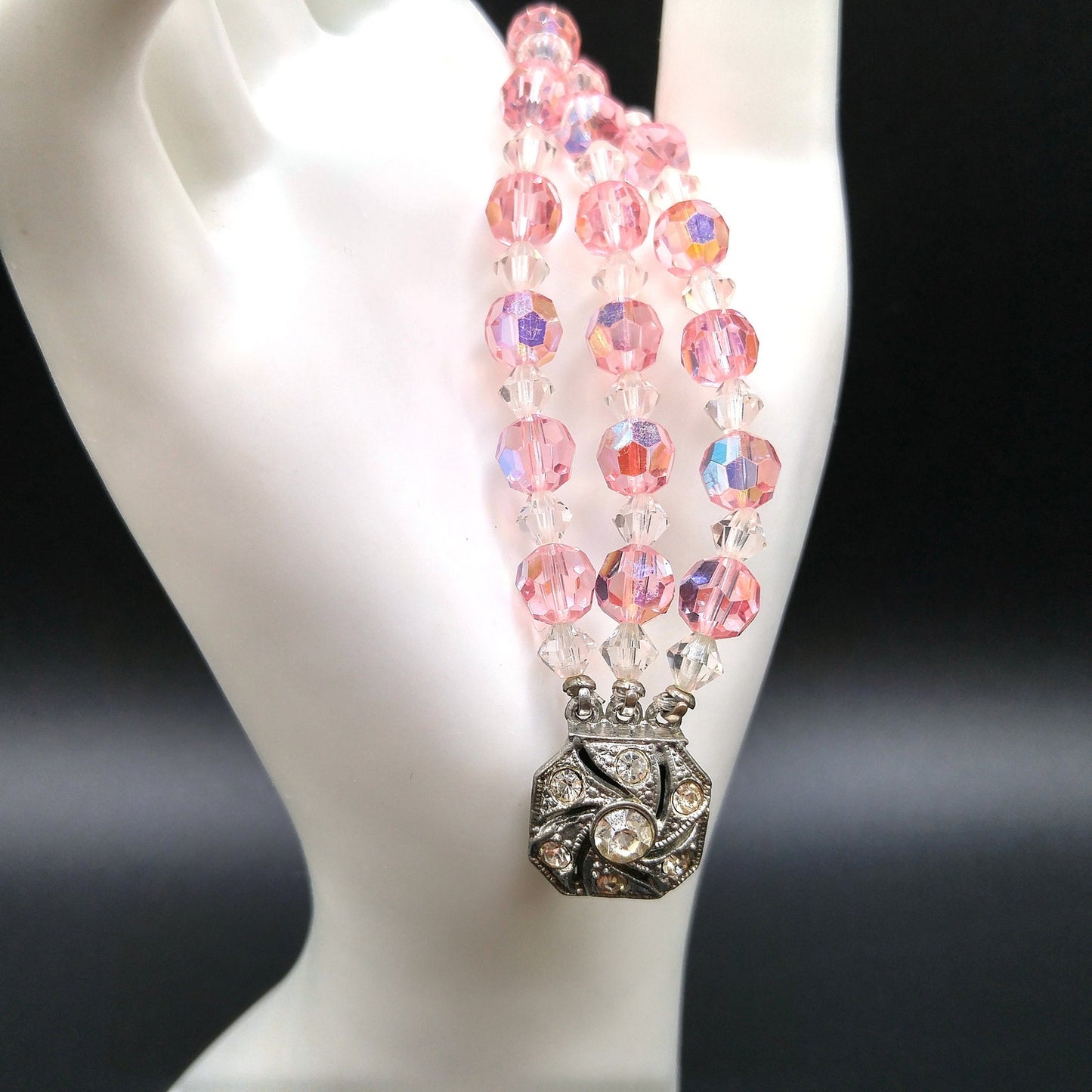 Pink Crystal Beaded Bracelet, Three Strands, Rhinestone Clasp, 1950s Vintage Jewelry